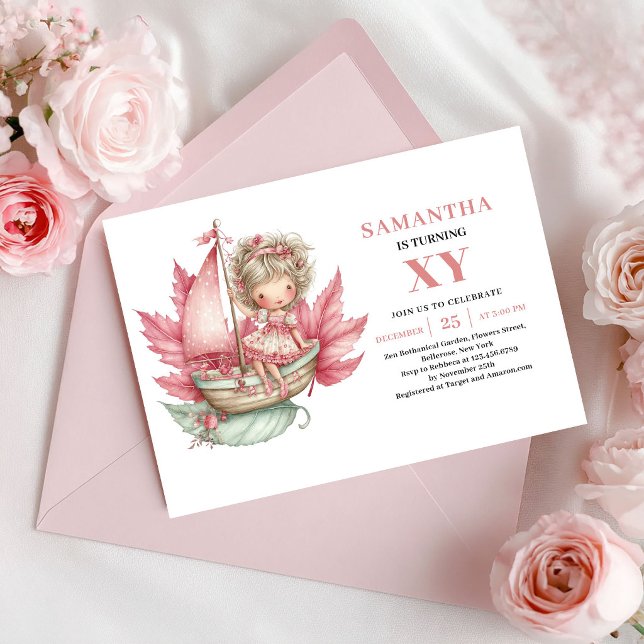 Convite Cor-de-rosa Desbotado para Aniversário de  (Whimsical Fairy Girl Birthday Blush Pink Invitation)