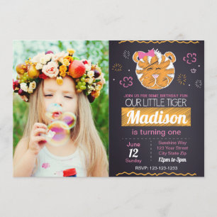 Convite cor-de-rosa do aniversário do tigre com