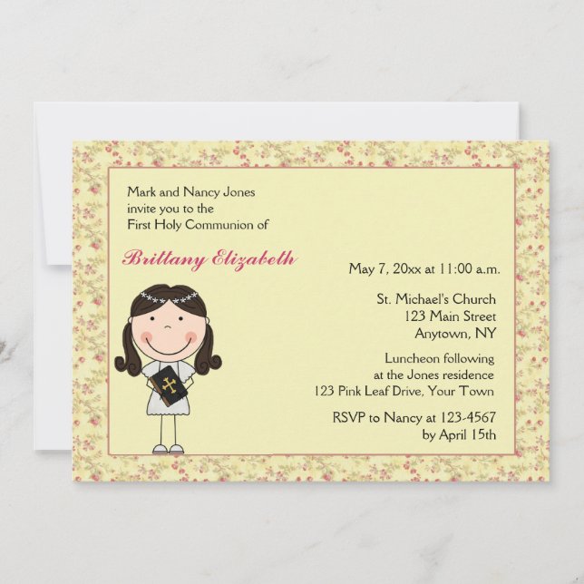 Convite cor-de-rosa do comunhão da menina do (Frente)