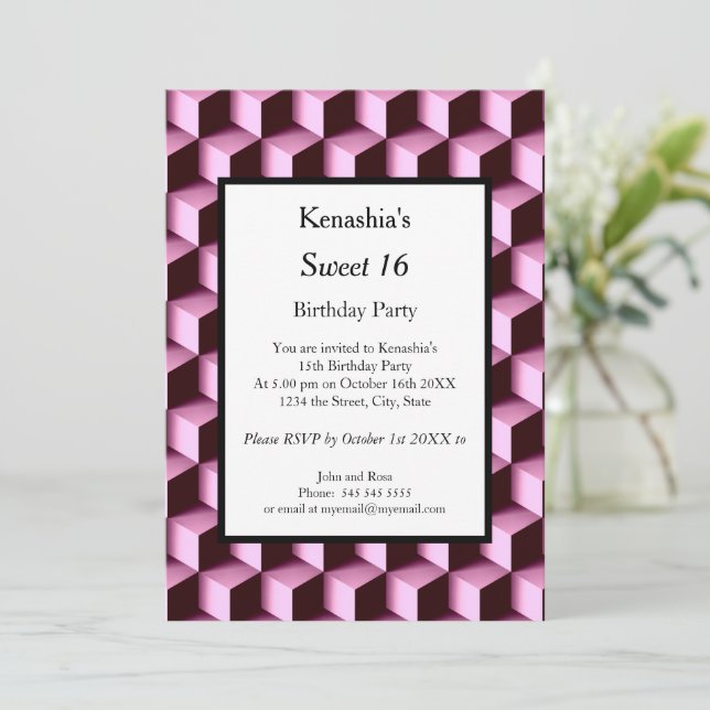 Convite Cor de rosa doce 16 festas de aniversário (Em pé/Frente)