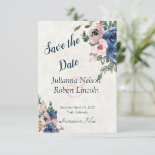 Convite cor-de-rosa e azul floral em aquarela para