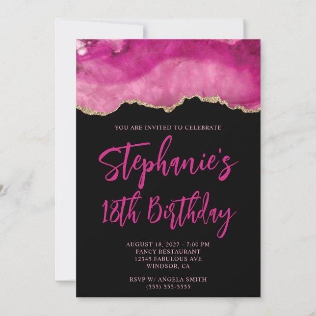 Convite Cor-de-rosa e Dourada, preto, 18.o aniversário (Frente)