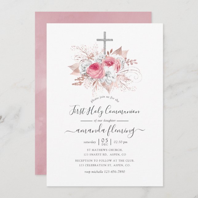Convite Cor-de-rosa e Rosa Dourada Primeira Comunhão Santa (Frente/Verso)