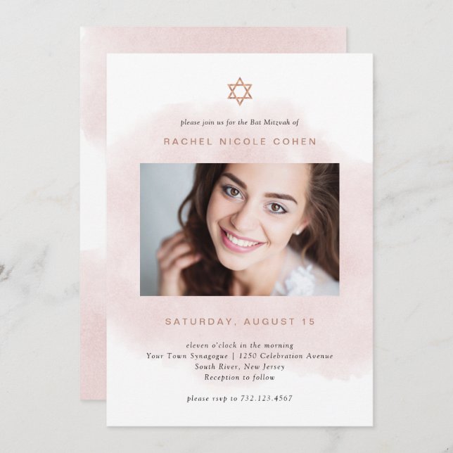 Convite Cor-de-rosa e Rosa Dourado| Bat Mitzvah (Frente/Verso)