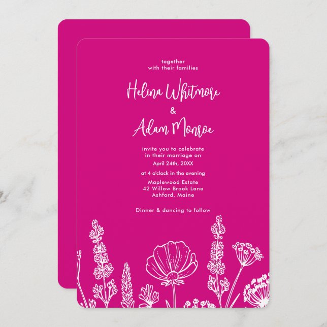 Convite Cor de Rosa | Elegante Wildflower Wekdim (Frente/Verso)