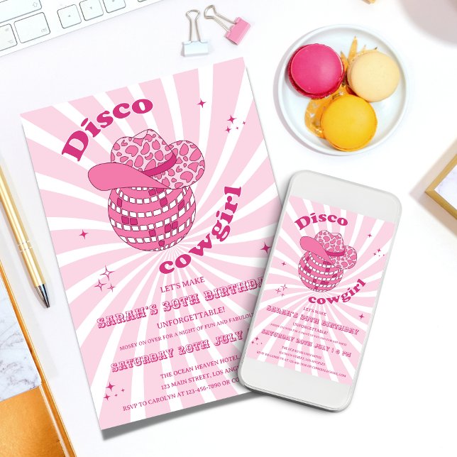 Convite Cor de Rosa | Festa de aniversário Disco Cowgirl (Disco Cowgirl Birthday Party Invitation Template)