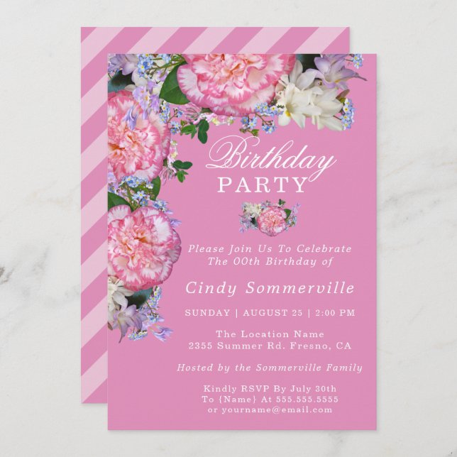 Convite Cor-de-rosa Floral 00ª Festa de aniversário (Frente/Verso)