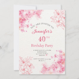 convite cor-de-rosa floral de aniversário de 40 an