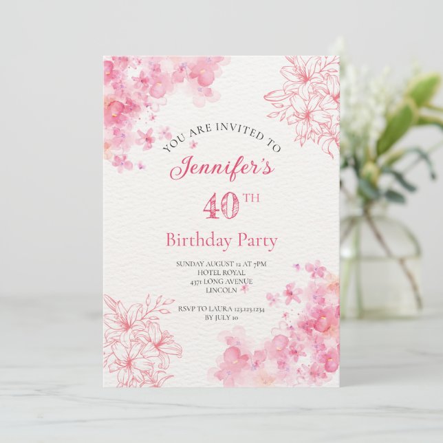 convite cor-de-rosa floral de aniversário de 40 an (Em pé/Frente)