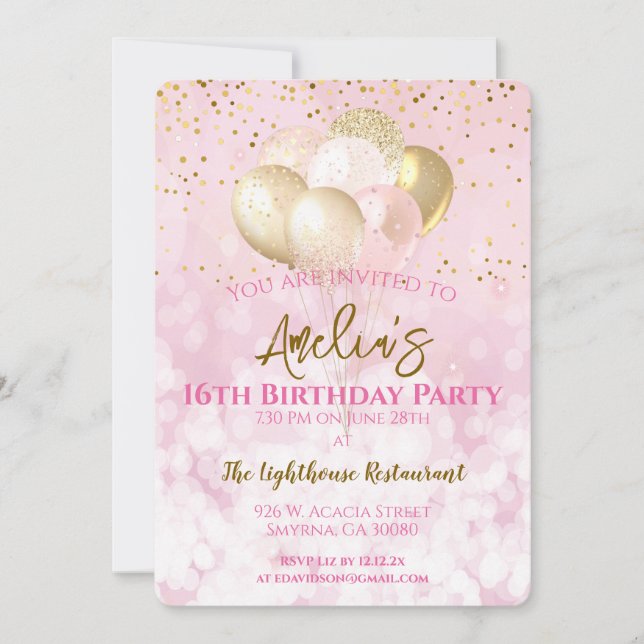 Convite Cor-de-rosa-glamourosa com Festa de aniversário 16 (Frente)