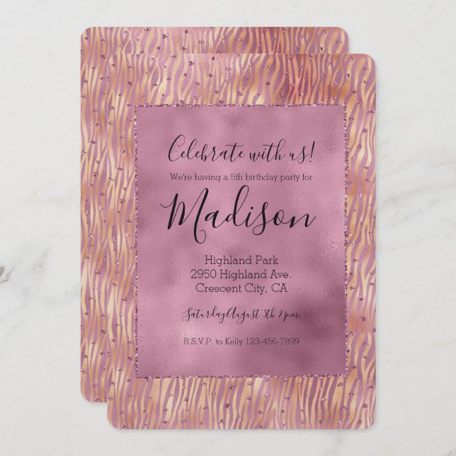 Convite Cor-de-rosa Glitzy Glitz Sparkle Zebra Impressão (Frente/Verso)