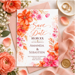 Convite Cor-de-rosa Laranja Aquarela Floral Salve a Data