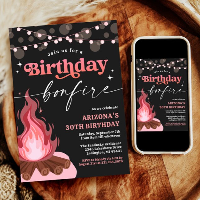 Convite Cor-de-rosa + Pêssego Aniversário de Fogo (Pink + Peach Birthday Bonfire Invitation)