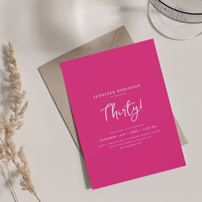 Convite Cor-de-rosa-quente do Partido do aniversário de 30 (Elegant Modern Script 30th Birthday Party Hot Pink Invitation)