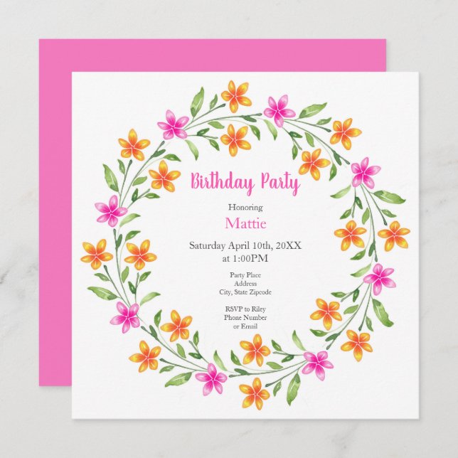 Convite Cor de rosa quente e aquarela alaranjada (Frente/Verso)