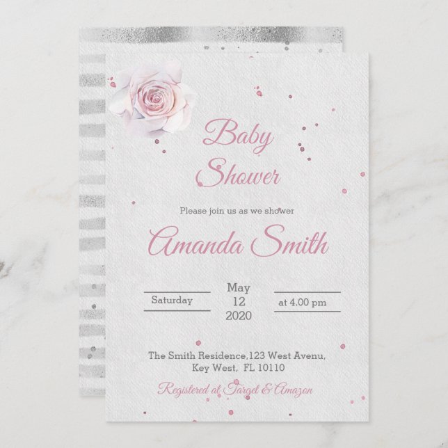 Convite Cor-de-rosa-rosa-rosa com Invintação de Rapariga c (Frente/Verso)