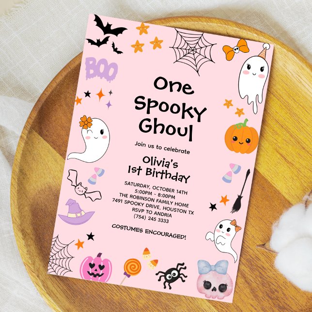 Convite Cor-de-rosa Um primeiro aniversario fantasma fanta (Pink One Spooky Ghoul Cute Ghost Halloween 1st Birthday Invitation )