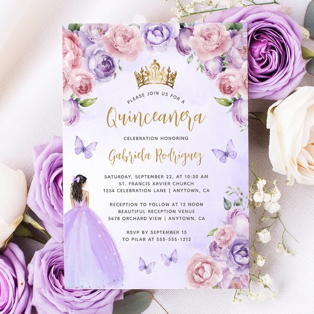 Convite Cor Dourada Floral Roxa Quinceañera (Criador carregado)