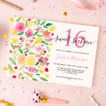 Convite Cor floral cor-de-rosa doce 16 fotografia<br><div class="desc">Um convite de aniversário doce 16, elegante e brilhante, romântico e giro, doce, elegante e moderno, primavera e convite de verão pintado com lindas rosas, verdes e amarelas e cores de peônias cor rosa, verdes e amarelas, e uma moderna e elegante letra de escrita, isto é perfeito para uma festa...</div>