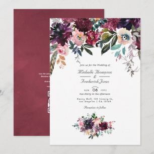Convite Cor Floral de Vinho Bordeaux Código QR Casamento d