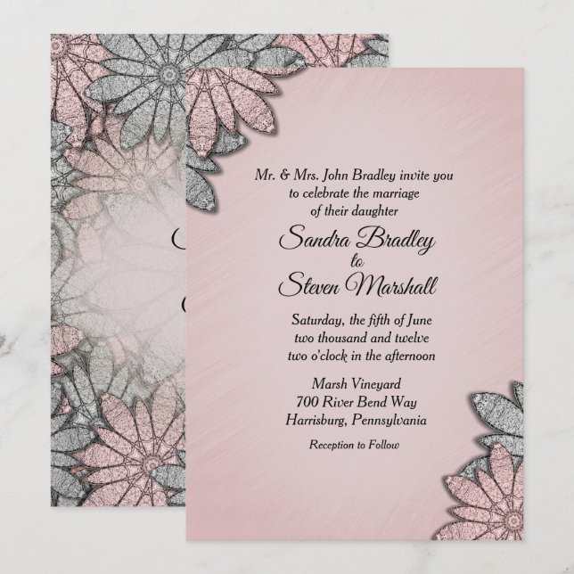 Convite Cor Rosa Chic Moderno Floral Casamento (Frente/Verso)