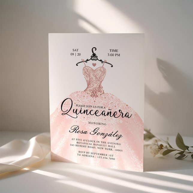 Convite Cor Rosa Esmagada Quinceañera Roya Branca (Blush Pink Quinceañera Roya Gown White Invitation)