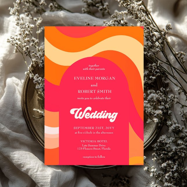 Convite Cor vibrante retrógrada onda fonte de sulco (Retro vibrant colors waves groovy font wedding invitation)