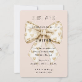 Convite Cora Creme Corações Laço Dourado Brilho Aniversári