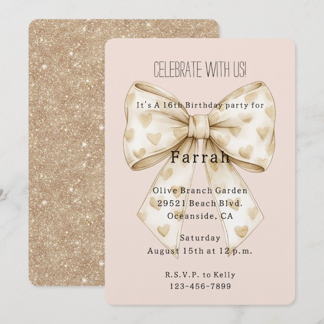 Convite Cora Creme Corações Laço Dourado Brilho Aniversári (Frente/Verso)