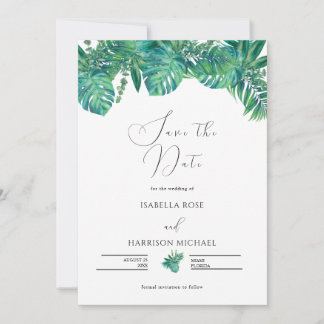 Convite CORA Tropical Beach Palm Leaf Save the Date
