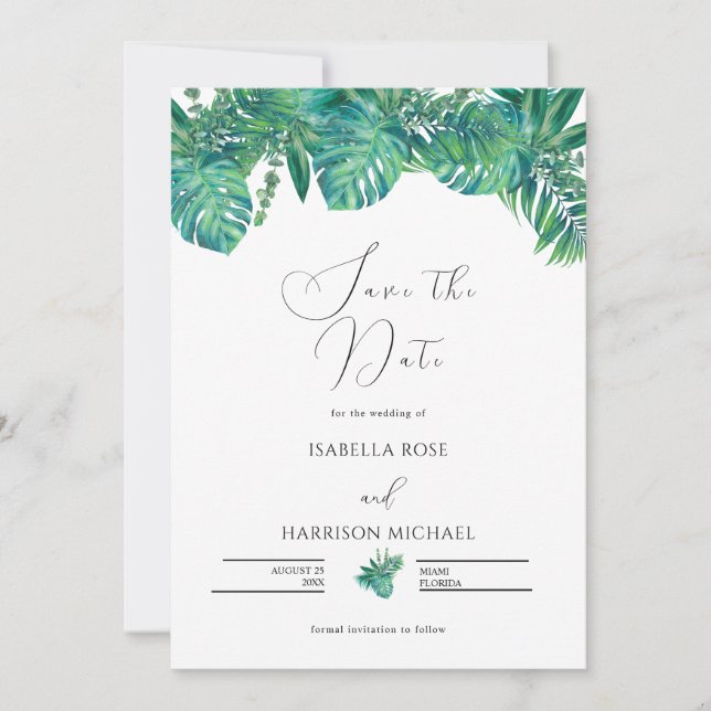 Convite CORA Tropical Beach Palm Leaf Save the Date  (Frente)
