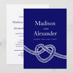 Convite Coração amarre o marinho de casamento azul branc