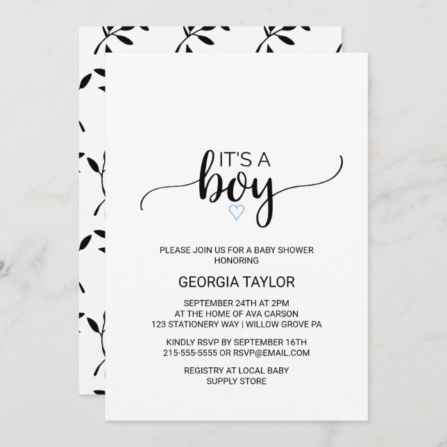 Convite Coração Azul | Caligrafia negra simples É um menin (Frente/Verso)