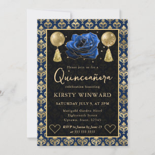 Convite Coração Azul e Dourado Damasco e Rosa Quinceanera