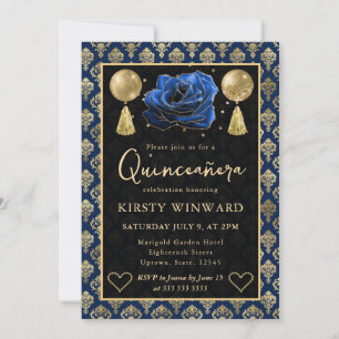 Convite Coração Azul e Dourado Damasco e Rosa Quinceanera