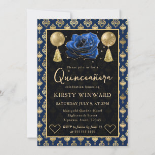 Convite Coração Azul e Dourado Damasco e Rosa Quinceanera
