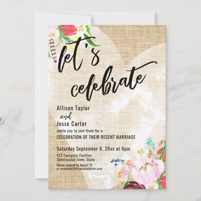 Convite Coração Boho Floral Burel Vamos Celebrar Recepção (Frente)