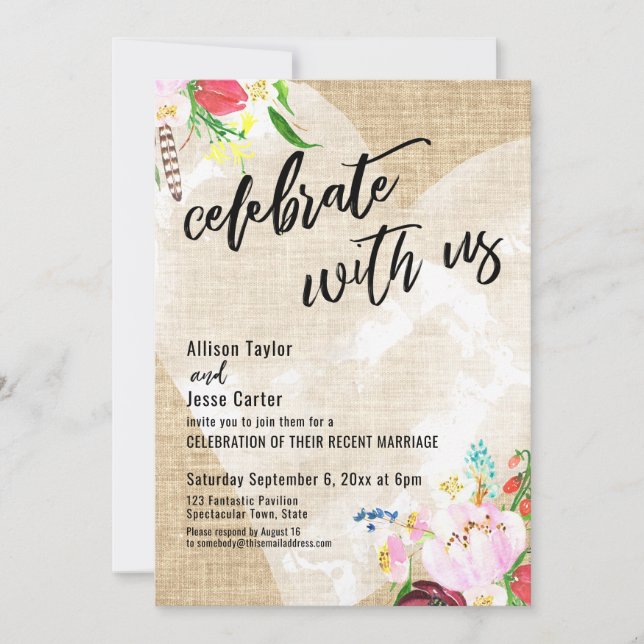 Convite Coração Boho Floral Burlap Celebre Conosco Festa (Frente)