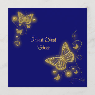 Convite Coração borboleta dourado festa elegante azul real