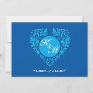Convite Coração Cobalt Blue E Turquoise Damask do HeartPar
