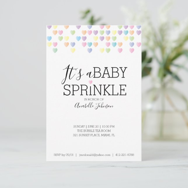 Convite coração confetti BABY SPRINKLE chá arco-íris paste (Em pé/Frente)
