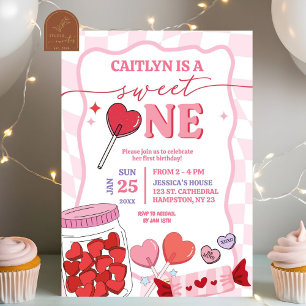 Convite Coração Cor-de-Rosa Retro Doce Primeiro Aniversári