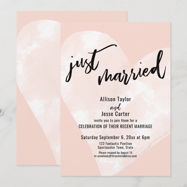 Convite Coração de Aquarela Branco Recém-Casados em Blush (Frente/Verso)