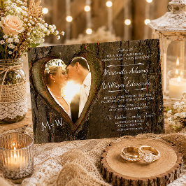Convite Coração de Árvore de Madeira Rústica Foto Casament