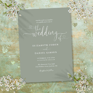 Convite Coração de Caligrafia Verde Elegante Casamento