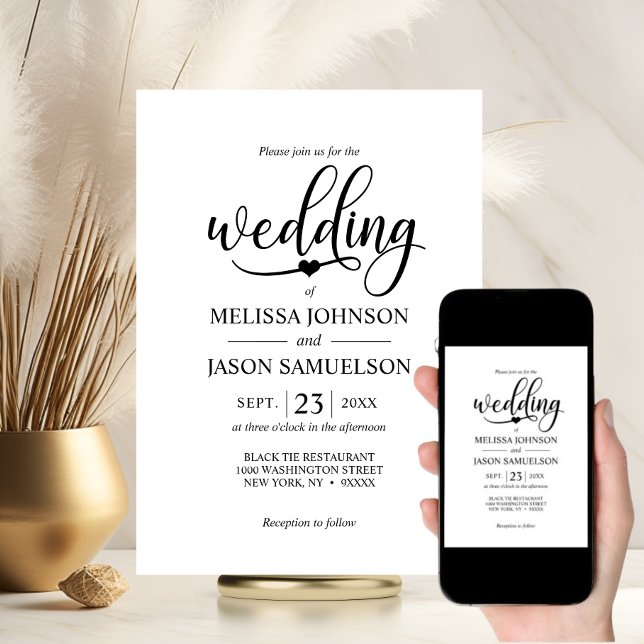 Convite Coração de Casamento Branco Negro Moderno | DIGITA (Modern Black White Wedding Heart  DIGITAL Invitation | DOWLOADABLE Download)
