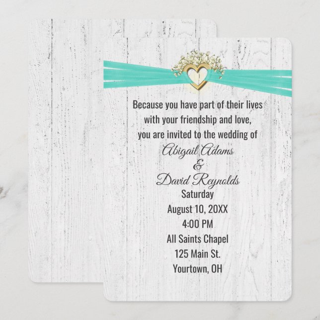 Convite Coração de Casamento com Fita Turquesa em Madeira (Frente/Verso)