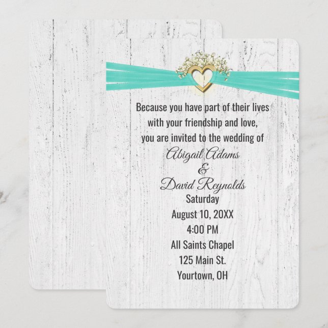 Convite Coração de Casamento com Fita Turquesa sobre Madei (Frente/Verso)