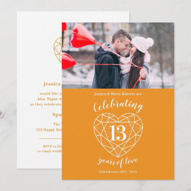 Convite Coração de citrino aniversário 13 anos foto laranj (Frente/Verso)