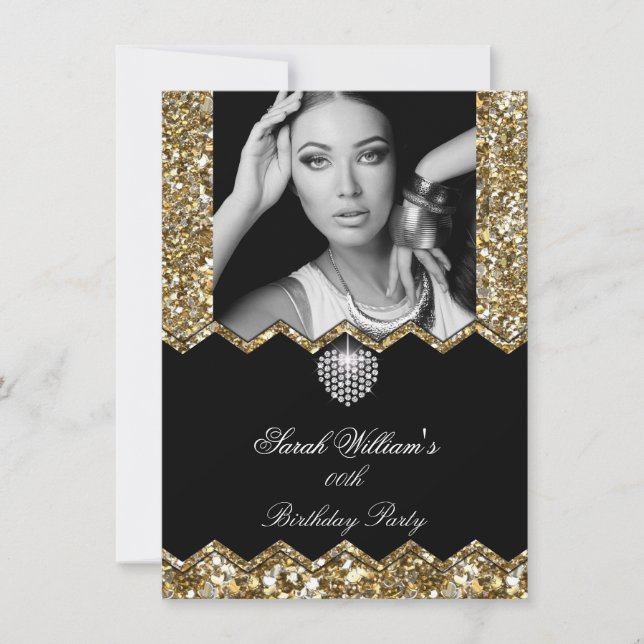 Convite Coração de Diamante Brilho Dourado Foto Qualquer A (Frente)